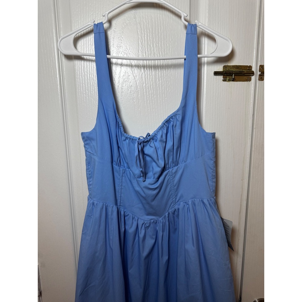 ASTR The Label Blue Poplin Bustier Midi Dress Ruched Tie Front Pockets Size M - Picture 4 of 9